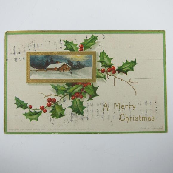 Christmas Postcard Snowy Cabin Holly Berries Clapsaddle Gold Embossed Antique - Picture 7 of 12